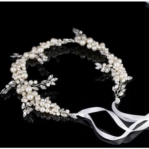 TUANMING Luxury Fashion Wedding Headband Pearl Crystal Flower Bride Headdress Wedding Jewelery Elegant Ribbon Hair Ornament