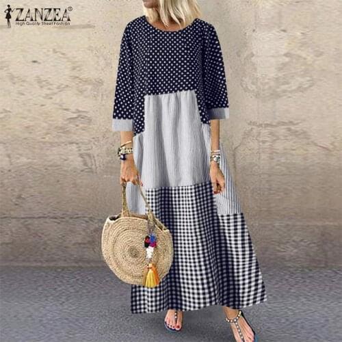 ZANZEA Retro Floral Maxi Vestidos Womens Elegant A Line Dress 2021 Autumn Bohemian Kaftan Casual Beach Holiday Dresses Plus Size
