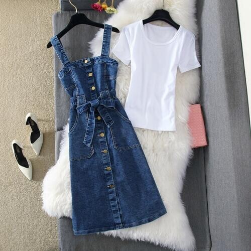 Spring Summer Womens Dress Set Fashion Short Sleeve White T-shirt + Strap Single Breasted Denim Dress 2 Pieces Set Mjuer Y162