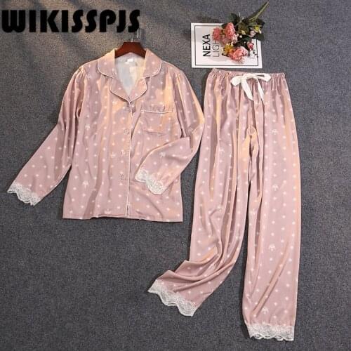 Womens Summer Two-piece Suit Pajamas Ice Silk Satin Thin Outwear Print Lace Pyjamas Pajamas for Teen Girls Lounge Wear