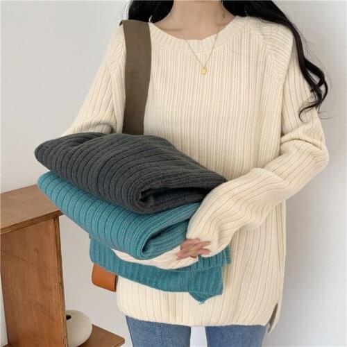 Mid-length Knitted Fashion Sweater Women Autumn Winter Loose Basic Vertical Stripes Pullovers Ladies Korean Bottoming Jumper