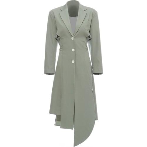 Women Suit Dress Windbreaker Spring And Autumn Office Style High-Quality Personalized Design Green Open Back Hem Cut