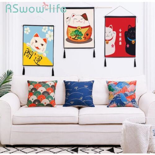 45*65cm Japanese Style Lucky Cat Hanging Picture Cover Living Room Sofa Background Wall Decorative Painting Wall Canvas