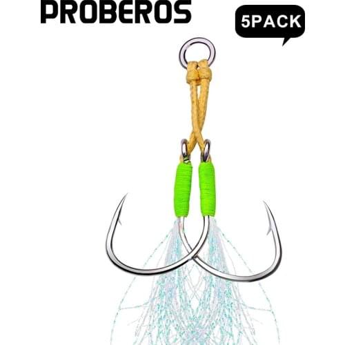 PROBEROS 5 Pack Jigging Fishing Hooks 1/0-2/0-3/0-4/0-5/0# High Carbon Steel Twins Double Fishery Glow Jig Slow Feather Fishhook