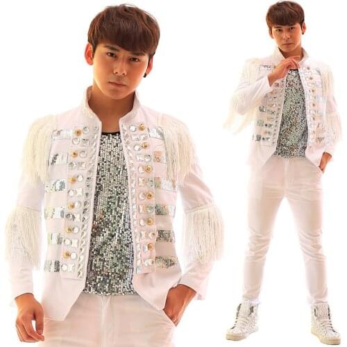 Jazz Dance Costumes White Tassel Jacket Coat Male Diamond Sequin White Suit Nightclub Party Wear Singer Stage Clothes XS2401