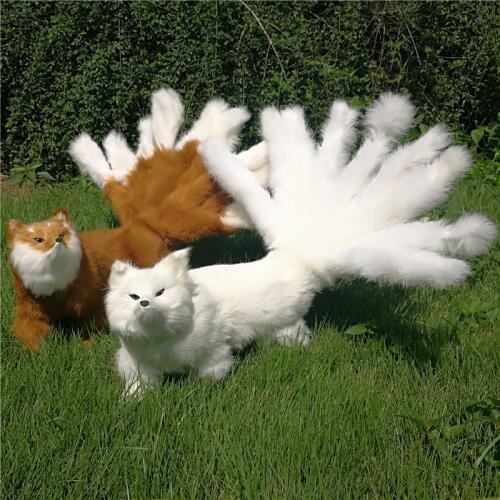 Fancytrader Simulation Fox Model Mlastic&Fur White Brown Walking Nine-tails Fox Doll Gift 60cm include tail length