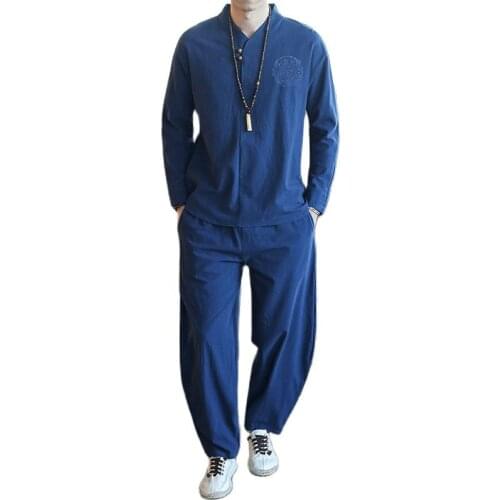 Japan Style Men‘s Cotton and Linen Long Sleeved T-shirt+Pant Sets Men Solid Sport Suit Casual Tracksuit Male Size M-5XL