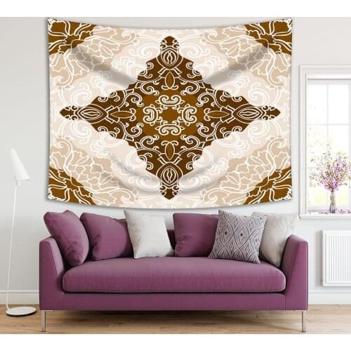 Tapestry Damask Pattern Classic Decoration Geometric Floral Artistic Print White Brown Mustard