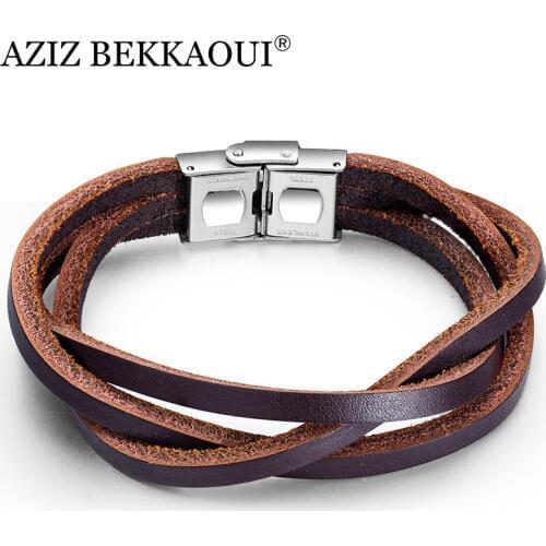 AZIZ BEKKAOUI Punk Brown Leather Bracelets for Men Multi-layer Stainless Steel Bracelet Rope Bangle Cool Male Jewelry Dropship