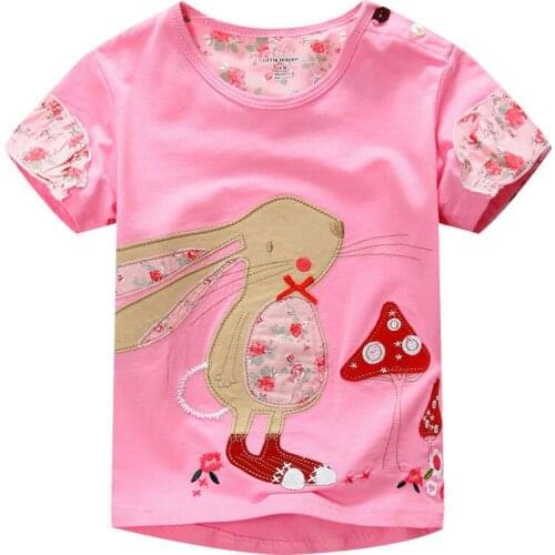 1- 6 Yrs Summer Baby Girls T Shirt Cotton Pink Girls Short Sleeves Tops New Applique Embroidery Rabbit Childrens Clothes