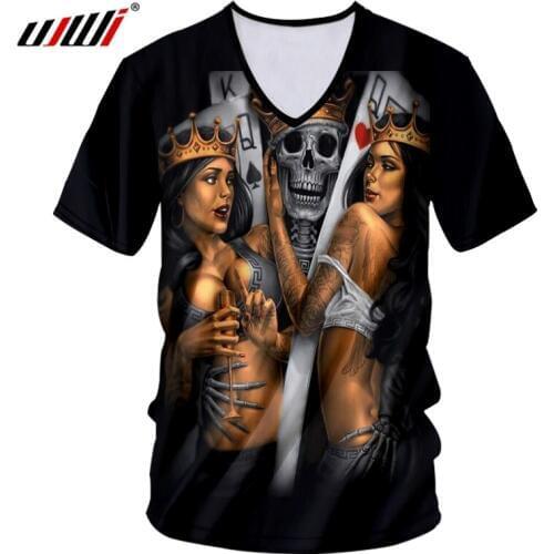UJWI T-shirt Man Deep V-neck Short Sleeve 3D Printed Crown beauty skull Streetwear Oversized Garment Hombre Tee Shirt