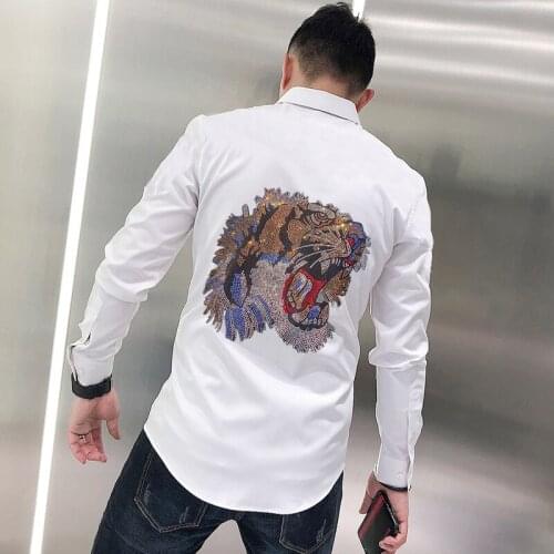 Golf Hip Hop Slim Mens Shirt Rock Fashion Overalls Hot Drilling Tiger Head Personality Long Sleeves