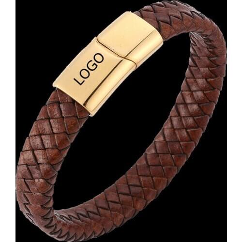 New Mens Jewelry Laser LOGO Brown Leather Bracelet Stainless Steel Magnetic Clasp Fashion Bangles Gift For Boyfriend Father