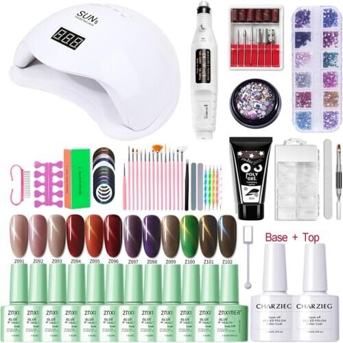 Gel Nail Polish Set With UV Lamp 48w Manicure Set Electric Nail Drill Machine 12Colors Polish & Nail Extension Set Full Nail Kit