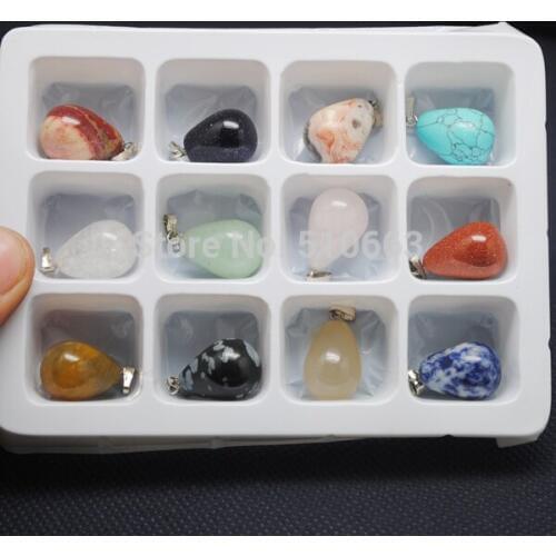 Box Stone Sets,12 Pieces /Lot,Nature Stone Pendant,Gem Stone Pendant Dropwater Shape,For Necklace Making,Size:13x18mm