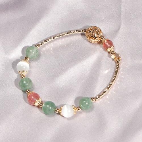 Gold Plated Hollow Ball Rutilated Pink/Green Strawberry Crystal Cats Eye Stone Beaded Bracelets Women Fashion Jewelry YBR565