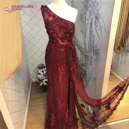 Luxury Wine Red Handmade Flowers Pearls Evening Dresses One-Shoulder Sexy Evening Gowns 2021