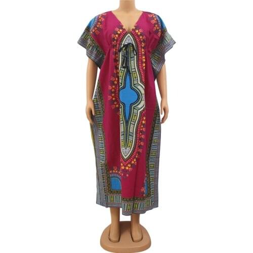 Rose Red Dashiki Printed Sexy Deep V-Neck African Batwing Sleeve Dresses Sashes Women Maxi Dresses
