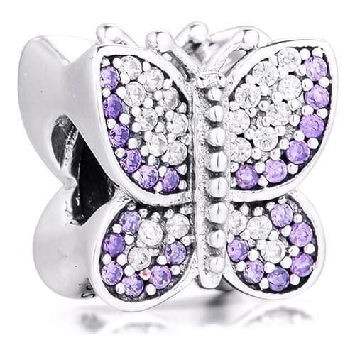 CKK Fit Pandora Bracelet 925 Sterling Silver Sparkling Butterfly Beads Purple CZ Charms DIY Jewelry Making Wholesale