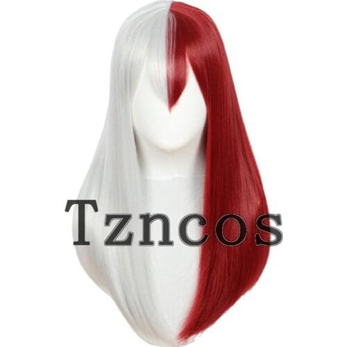 Tzncos Todoroki Shoto Wig Half White and Dark Red Long Wigs Heat Resistant Synthetic Hair