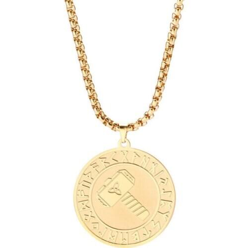 Vintage Fashion Gold Colour Nordic Mythic Hammer Pendant Viking Runes Talisman Amulet Necklace Fashion Stainless Steel Jewelry