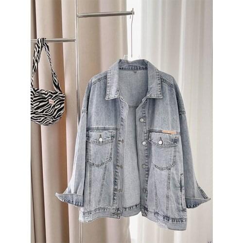 18852 All-Match Womens Denim Jacket Autumn Ripped Hole Letter Loose Fashion Thin Top Casual Student Distressed Washed Outerwear