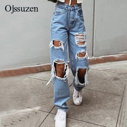 Big hole pants jeans women 2021 summer casual denim pants loose trousers high street boyfriend jeans for ladies black blue