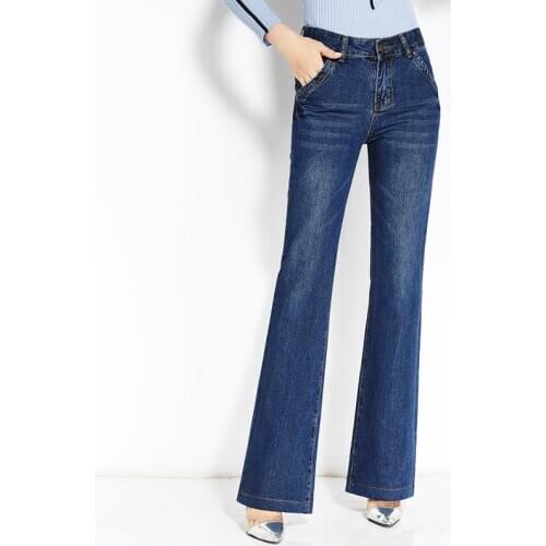 Free Shipping 2020 Womens Spring Autumn New Boot Cut Jeans Mid Waist Wide Leg Pants Flares Girls Office Lady Plus Size Trousers