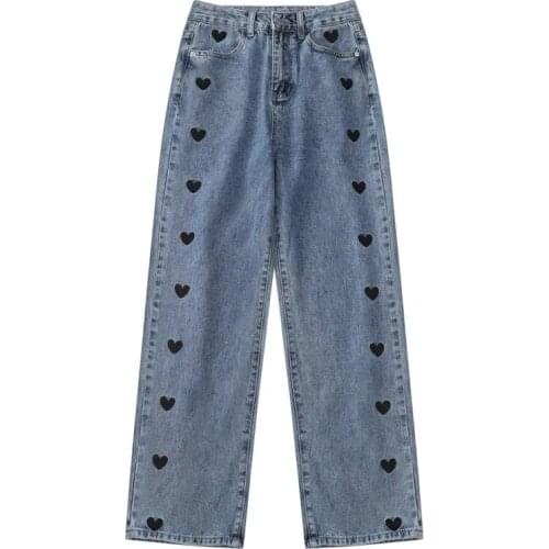 Women Jeans Streetwear Pants Korean Fashion Love Embroidery Casual Straight Denim Trousers High Waist Slim Baggy Pantalone Mujer
