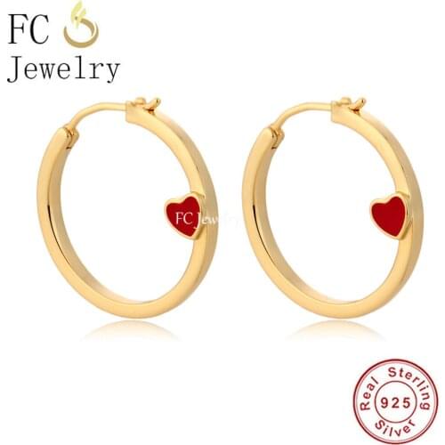 Real 925 Silver Round Circle Enamel Heart Piercing Hoop Earring For Women Boucle D'oreilles Valentines Day Pendientes 2021 New