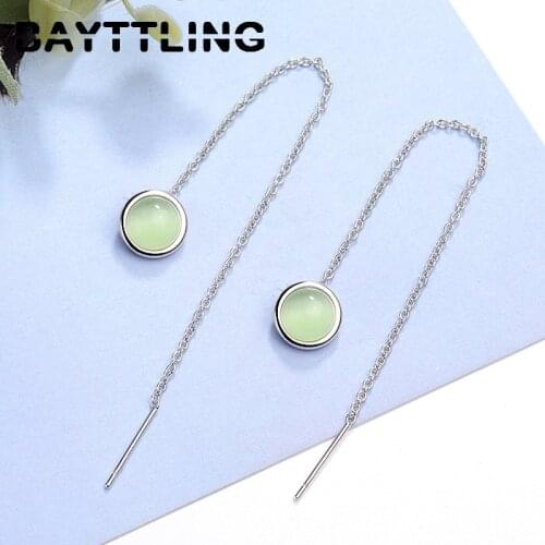 BAYTTLING New 925 Sterling Silver 100MM Green Round Opal Tassel Drop Earrings For Woman Fashion Wedding Couple Jewelry Gift