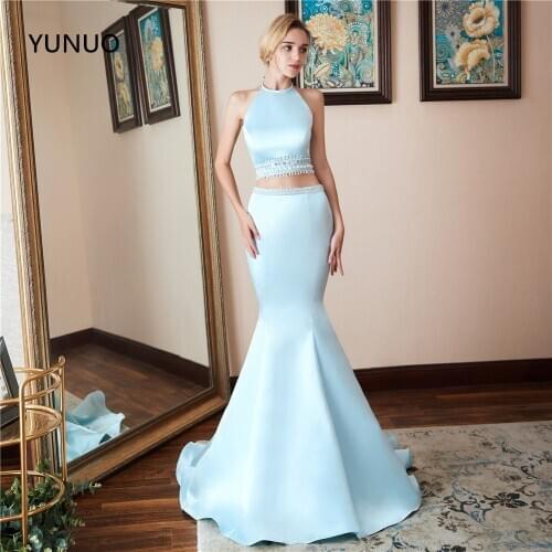 New Arrival Long Prom Dresses Luxury Beaded Sleeveless Crystals Satin Formal Evening Dress Party Gown Two Piece Prom Dress