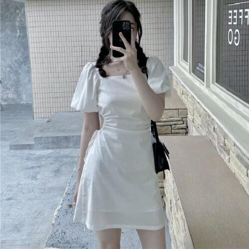 Womens Summer Dress 2021 New Design Bare Waist French First Love White Puff Sleeve Sexy Lace Square Neck Mini Dress vestidos