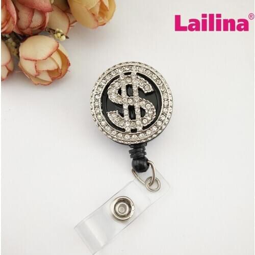20pcs Blingbling Crystal US Dollar Design Fashion ID Card Working Card Retractable Badge Reel Decorative Badge Holder