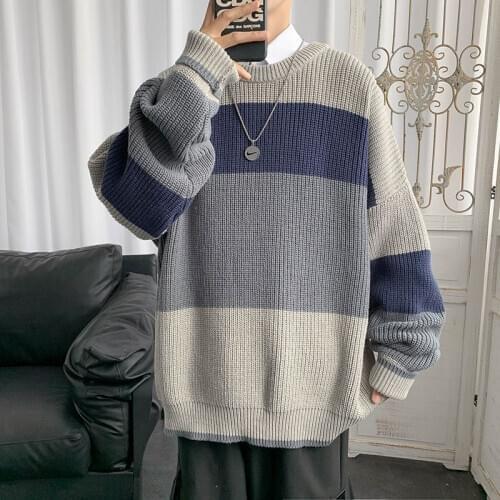 2020 Winter Mens Stripe Printing Coats Loose Wool Sweaters Round Neck Pullover 2-color Clothes In Warm Cashmere Knitting M-2XL