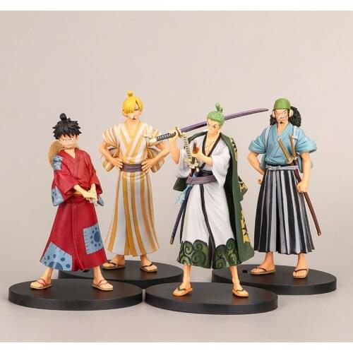 4pcs/ lot One Piece Anime Grandline Men Luffy Roronoa Zoro Vinsmoke Sanji Trafalgar Law Land of Wano Country Action Figure Toys