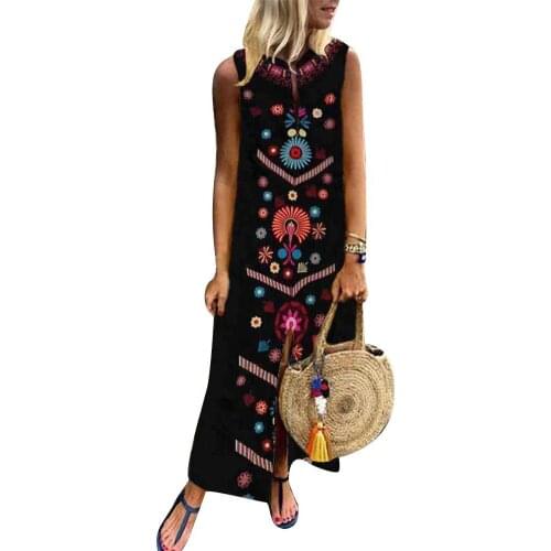 80% HOT SALES!!! Boho Plus Size Summer Beach Floral Print Lady Split Sleeveless Kaftan Maxi Dress