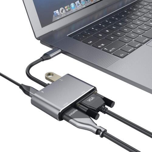 USB C to 4K HD VGA Adapter 4-in-1 Type C Hub with USB 3.0 Charger Power Port Replacement for MacBook