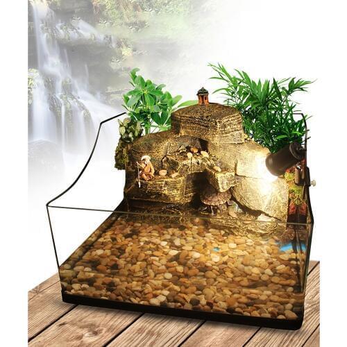 Aquatic Turtle Tank Kit Aquarium Vivarium with Waterfall Background Basking Platform Light Decoration Filter Pump Rainforest Kit