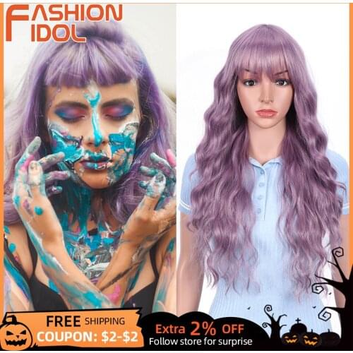 Ombre Purple Lolita Wigs With Bangs Cosplay Long Water Wave Hair 26 Inches Anime Synthetic Grey Wig For White Women FASHION IDOL