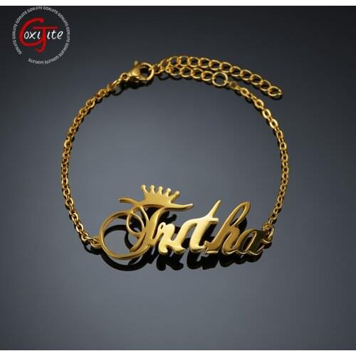 Goxijite Custom Name Bracelet For Women Kids Stainless Steel Personalized Crown Cursive Font Nameplate Bracelets Memorial Gift
