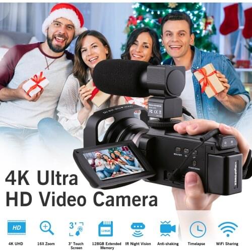 4K 60FPS HD Digital Video WiFi mini Camera 48MP Zoom Night Vision with Wide Angle Lens Remote Control 2 Batteries External Mic