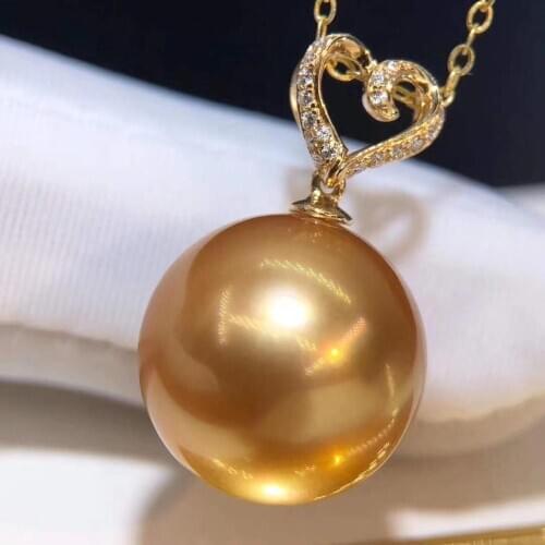 D914 Pearl Pendant Fine Jewelry Solid 18K Gold Round 11-12mm Nature Sea Water Golden Pearl Pendant Neckalces for Women Presents