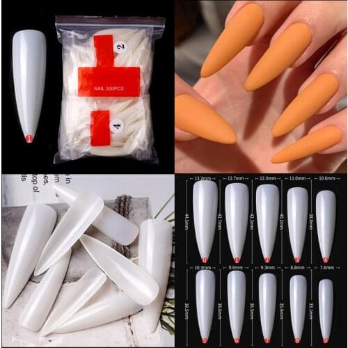 Long 500pcs Nail Art Tips Clear/Natural Sharp End False Fake Nails Tips Manicure Artificial Nails Salon
