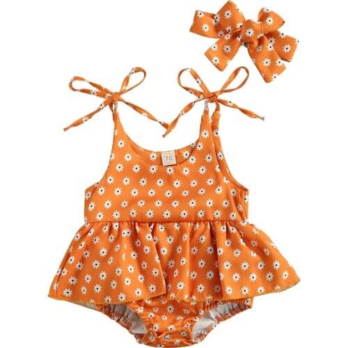 Baby Girls Casual Floral Outfits Round Neck Lace-up Sling Romper Dress + Bow Headband 0-24M Newborn Girls Summer Clothing Set