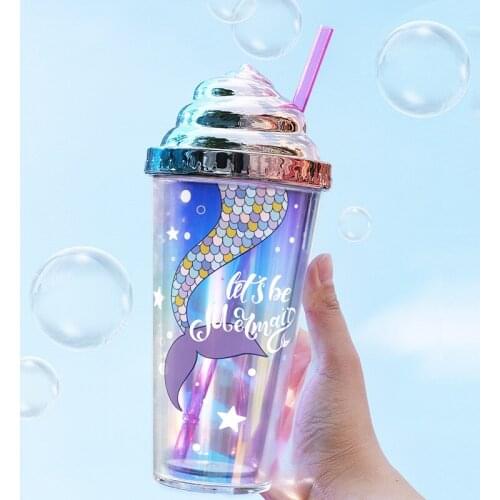 Double-layer Plastic Straw Cup Mermaid Glitter Illusion Creative Birthday Holiday Gift Couple Classmate Graduation Gift