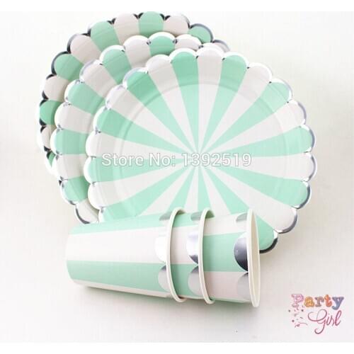 Eco Red Mint Striped Paper Plates Paper Cups With Silver Bontique Tableware Set For Birthday Party Baby Shower Deco