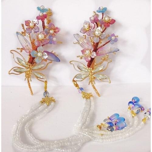 Exquisite Pearl Crystal Purple Flower Hairclip Retro Chinese Dress Headwear Dragonfly Long Tassel Chain Hair Pins Bride Tiara