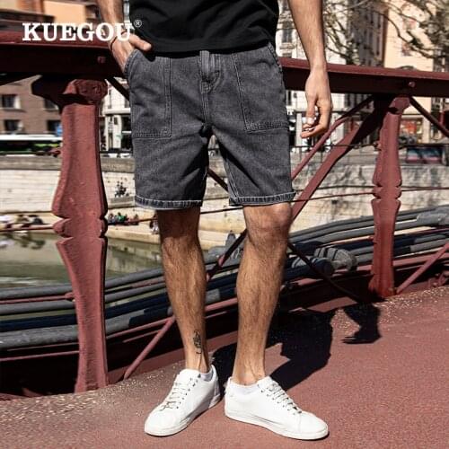 KUEGOU 2021 New Clothing Mens Jeans Vintage Wash Short Fashion Simple Denim Pants Summer High Quality Streetwear Plus Size 3089