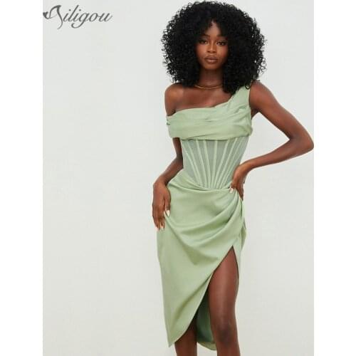 Ailigou Summer New WomenS One-Shoulder Draped Knee-Length Dress Sexy Tight-Fitting Elegant Club Celebrity Party Dress Vestidos